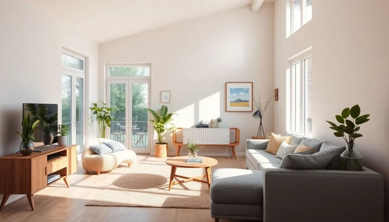 Moderne Raumgestaltung mit hellen Farben und natürlichen Materialien für eine einladende Atmosphäre.