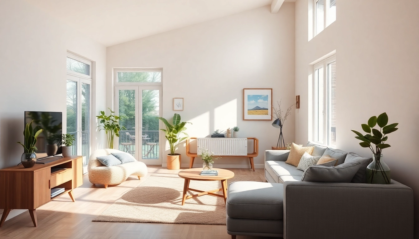 Moderne Raumgestaltung mit hellen Farben und natürlichen Materialien für eine einladende Atmosphäre.