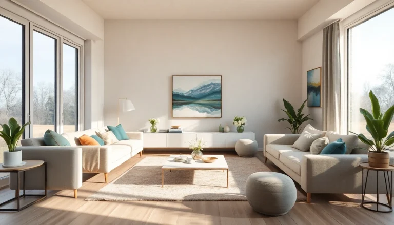 Gestalte ein modernes Wohnzimmer, das Raumgestaltung harmonisch integriert und lebendige Farben nutzt.