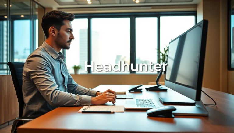 Headhunter Sales im modernen Büro: Ein Profi analysiert Bewerbungen am Laptop.