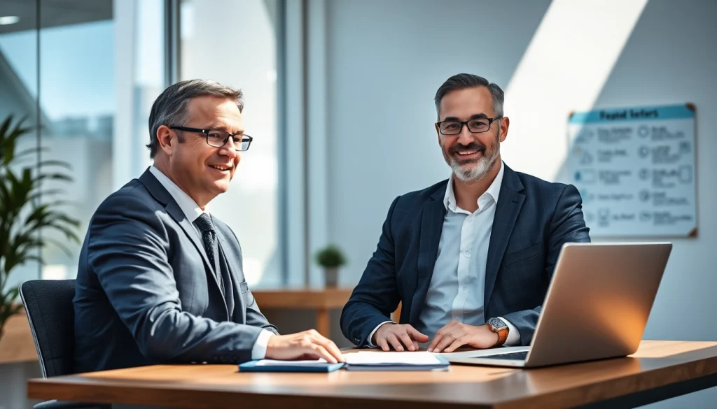 Headhunter Führungskräfte berät Klienten in einem modernen Büro, während er Notizen macht und engagiert lächelt.