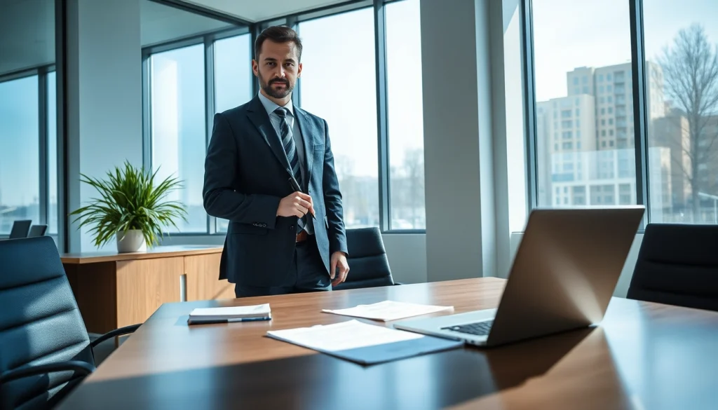 Headhunter Rostock berät Klienten in einem modernen Büro mit Bewerbungsunterlagen und Laptop.