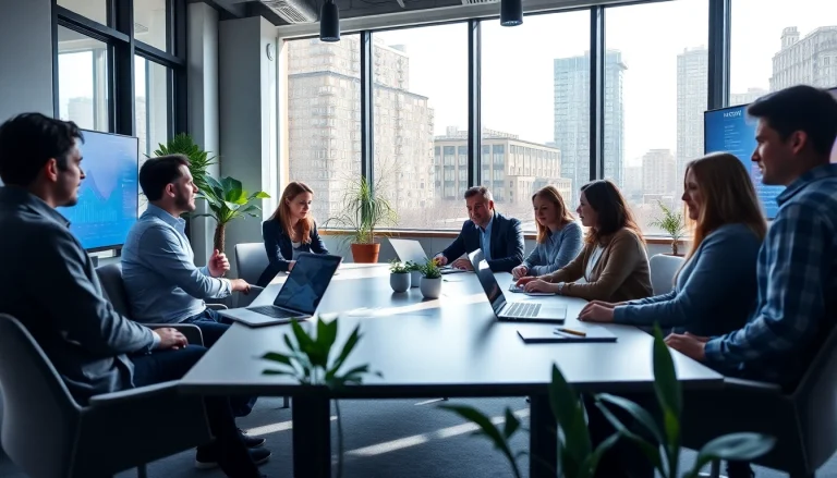 Professionals collaborating in an office setting, emphasizing Headhunter Düsseldorf's expertise in executive recruitment.
