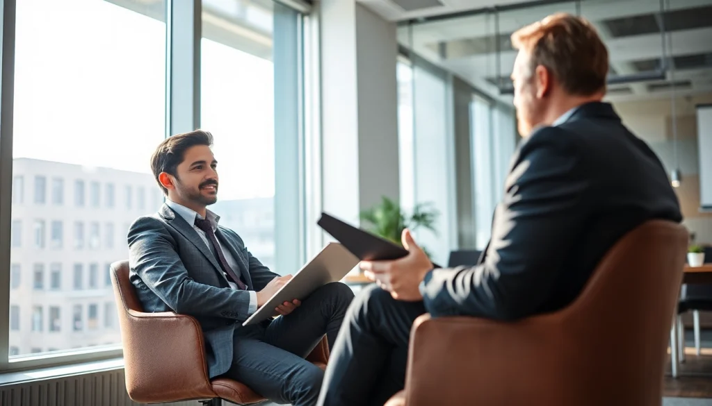 Professioneller Headhunter Düsseldorf berät einen Kunden in modernem Büro.