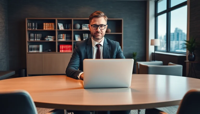 Professioneller Headhunter Düsseldorf bei der Arbeit mit Laptop im Büro, umgeben von Düsseldorf Skyline.