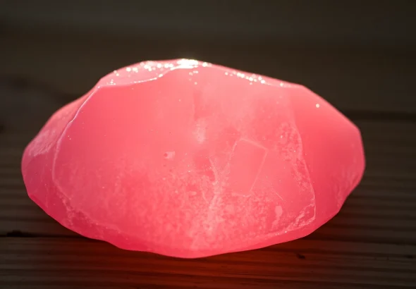Rosenquarz zeigt seine strahlende rosa Farbe und feine Einschlüsse in einer Close-Up Aufnahme.