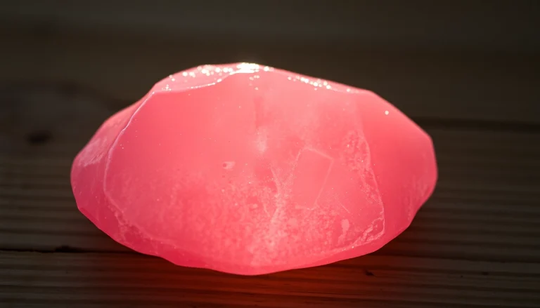 Rosenquarz zeigt seine strahlende rosa Farbe und feine Einschlüsse in einer Close-Up Aufnahme.
