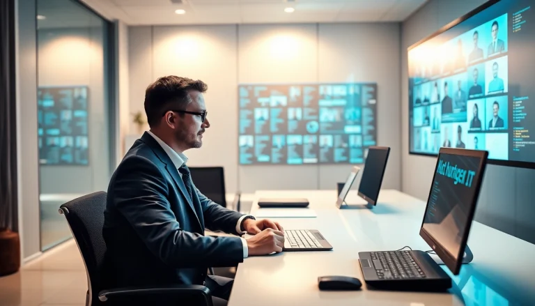 Professioneller Headhunter IT arbeitet an einem modernen Schreibtisch mit digitalen Technologien im Hintergrund.