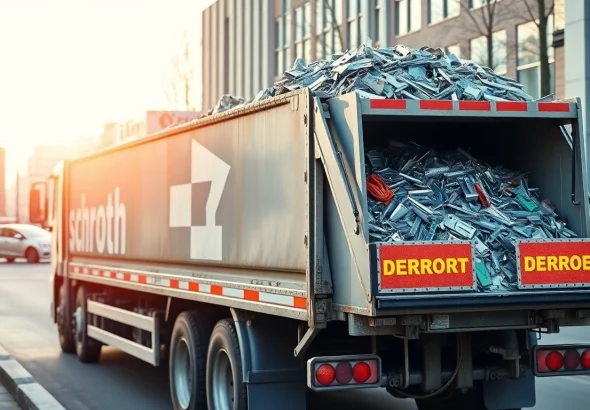 Effiziente Schrottabholung Düsseldorf – Ein Schrottwagen transportiert Metallschrott in der Stadt.