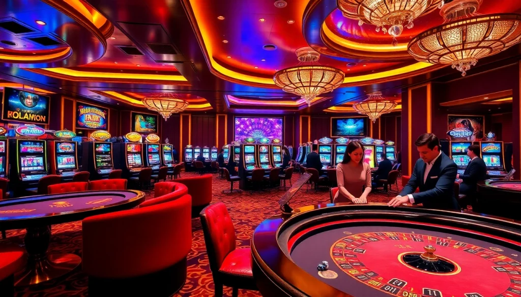 DOLA789 casino environment featuring poker chips, vibrant slot machines, and engaging dealers.