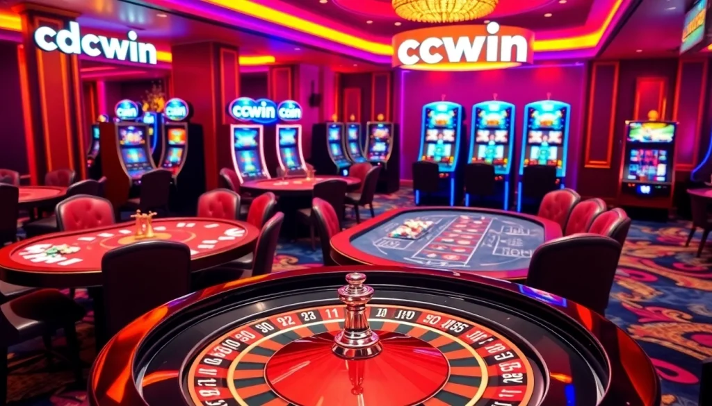 Cwin-themed gambling scene with luxurious tables, vibrant slots, and excited players.