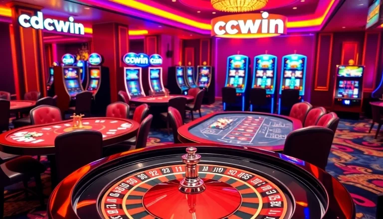 Cwin-themed gambling scene with luxurious tables, vibrant slots, and excited players.