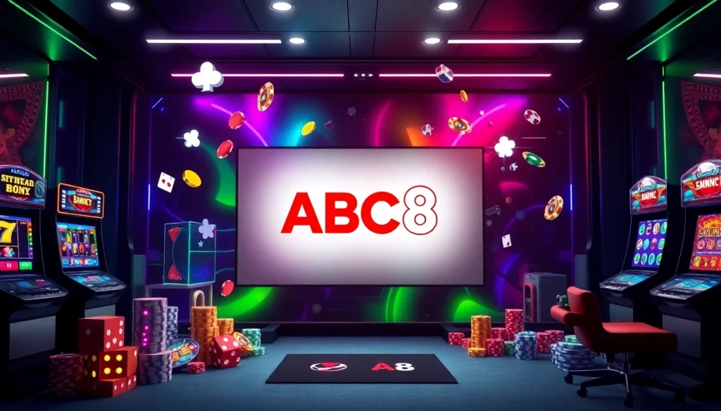 Exciting gaming atmosphere featuring the ABC8 logo with vibrant gaming elements.