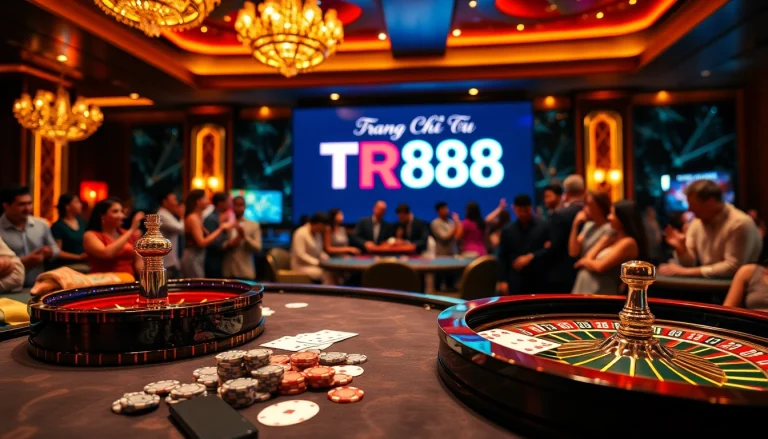 Engaging scene at trang chủ tr88 showcasing vibrant casino games, poker chips, and an illuminated roulette wheel.