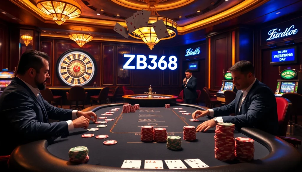 ZB368 poker players at a luxurious casino table, capturing the thrill of high-stakes gambling.