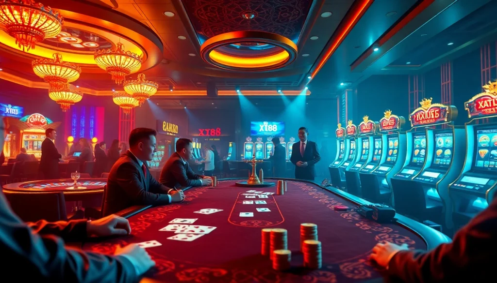 Experience the excitement of gambling at Nhà cái XX88 with a vibrant casino setting featuring poker tables and roulette.