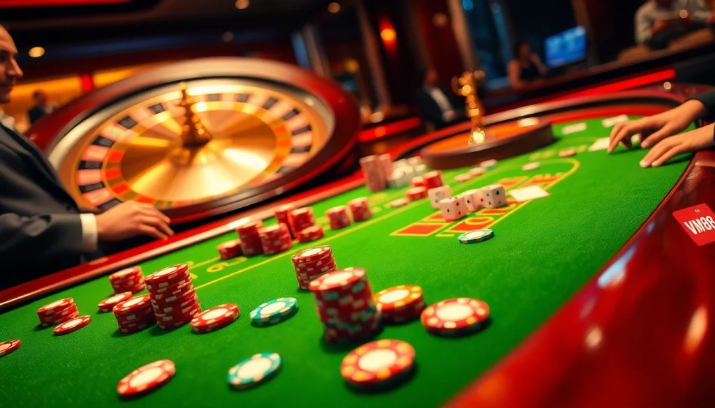 Players betting at a poker table while enjoying the excitement of VM88 casino games.