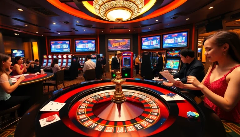 Experience the excitement at BET88 casino with players engaging at a roulette table surrounded by vibrant gaming elements.