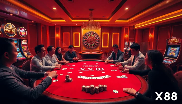 Players enjoying a thrilling poker game at the XX88 casino, showcasing vibrant poker chips and cards.