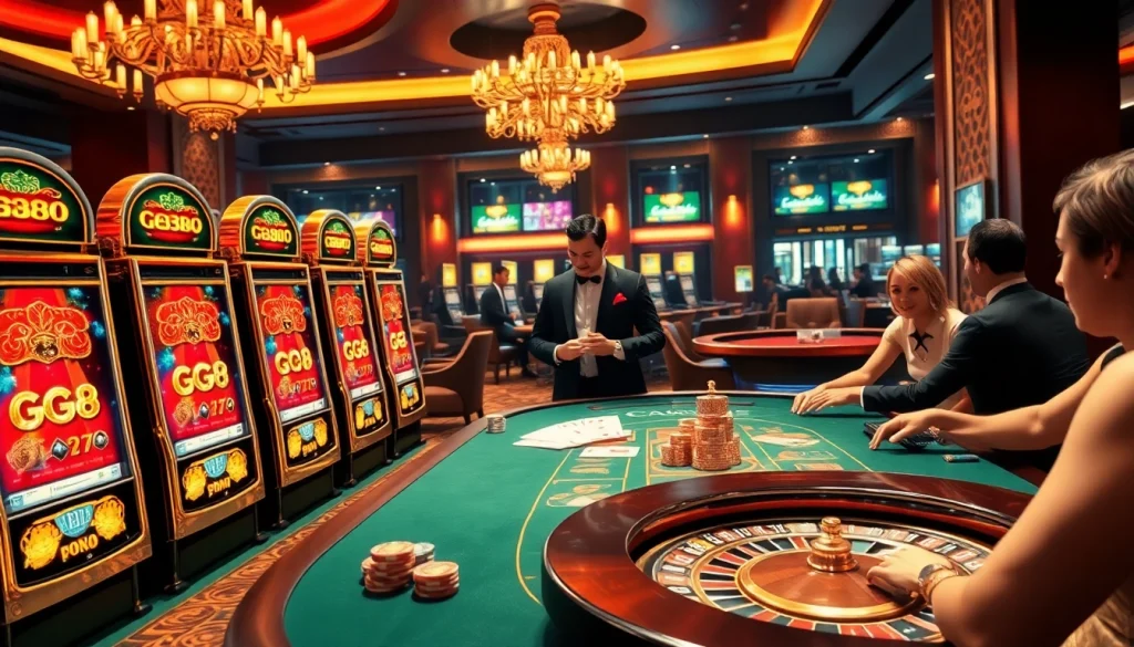 Experience the excitement of GG88 at luxury slot machines and poker tables in a vibrant casino.