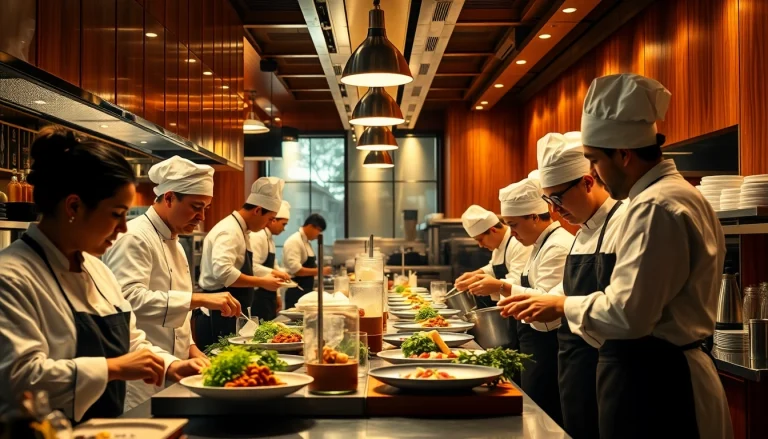 Headhunter Gastronomie in action within a professional kitchen, showcasing chefs working together in a vibrant culinary setting.