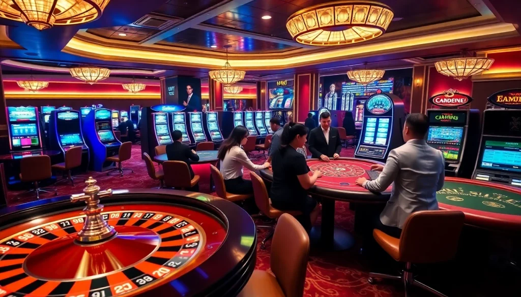 Exciting casino gameplay at HM88 featuring roulette and slot machines amid a vibrant atmosphere.
