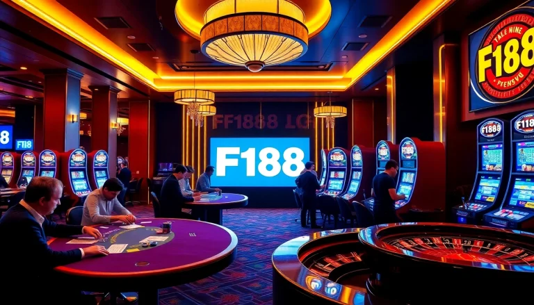 F168 casino scene with exciting poker tables and vibrant slot machines showcasing high-stakes action.