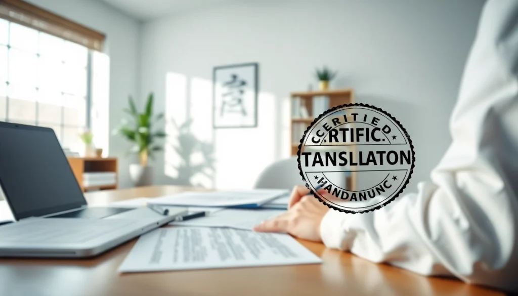 Beeidigter Übersetzer arbeitet fleißig in einer professionellen Büroumgebung und präsentiert beglaubigte Übersetzungsdokumente.