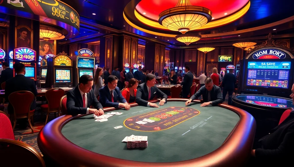 Engaging scene of professional players at a poker table in the Nhà cái 99ok casino, showcasing thrilling gameplay.