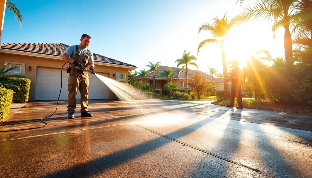 Concrete cleaning in Kissimmee, showcasing professionals transforming a driveway to pristine condition.