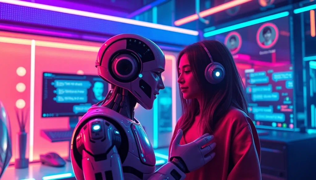 Engaging AI chat sex interaction in a futuristic digital setting with vibrant colors.