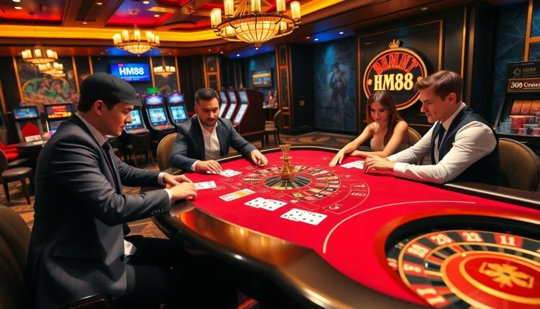 Exciting poker scene at HM88 casino with elegant players and vibrant atmosphere