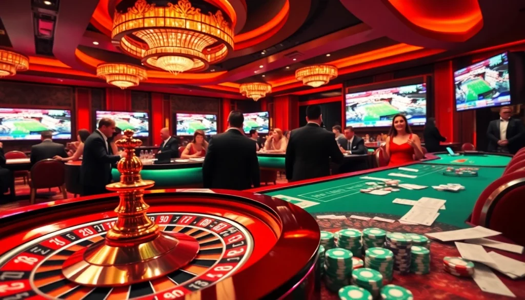 Players at a vibrant casino table excitedly engaging in betting on sports events with link 12bet displayed.