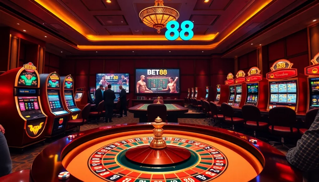 Experience the excitement of BET88 with vibrant casino tables and slot machines.