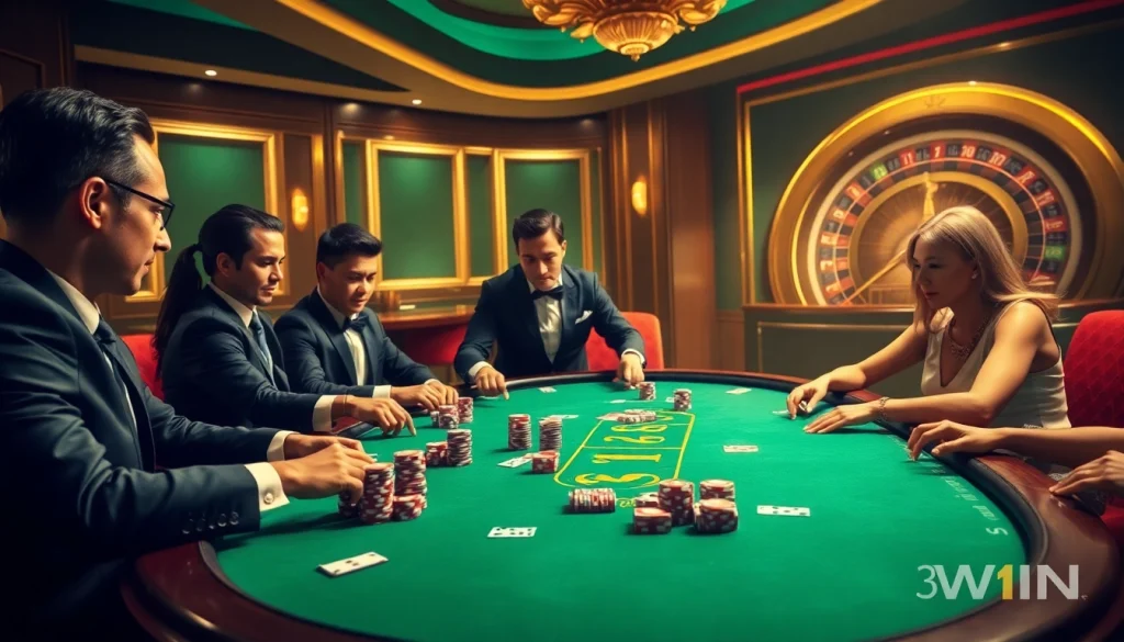 Strategic poker action at a luxury casino, highlighting 33WIN and engaging gameplay.