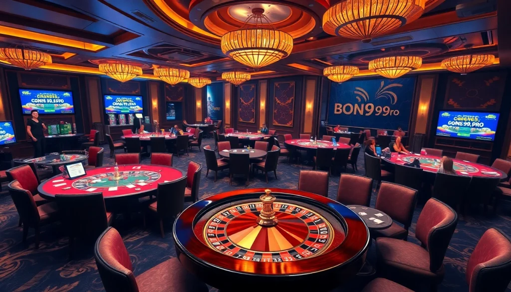 A dynamic live casino scene highlighting https://bong99.pro/ with exciting players, vibrant tables, and luxurious decor.