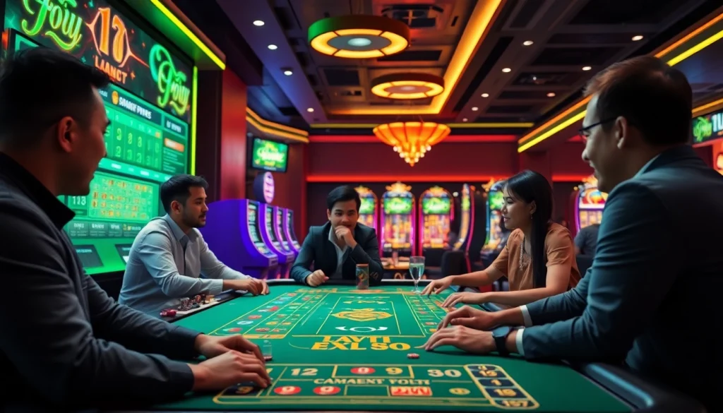 Exciting scene of players at fly88 okvip online casino with vibrant gaming atmosphere.