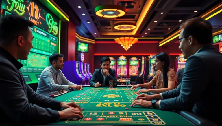 Exciting scene of players at fly88 okvip online casino with vibrant gaming atmosphere.