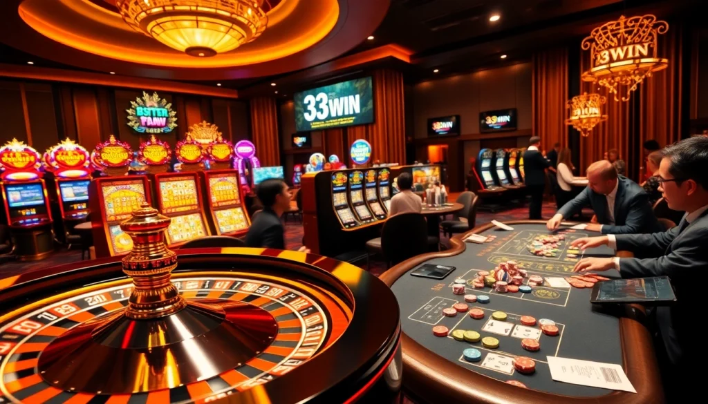 Exciting gambling scene highlighting 33WIN with poker chips, roulette wheel, and engaging players.
