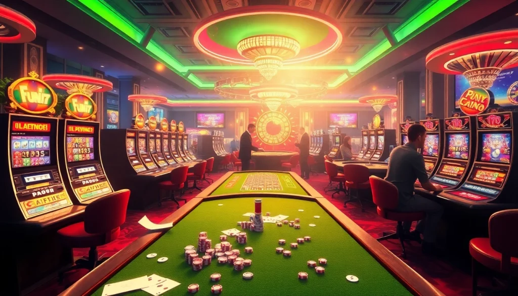 Exciting online casino atmosphere featuring fun79.vip with poker games and vibrant slot machines.