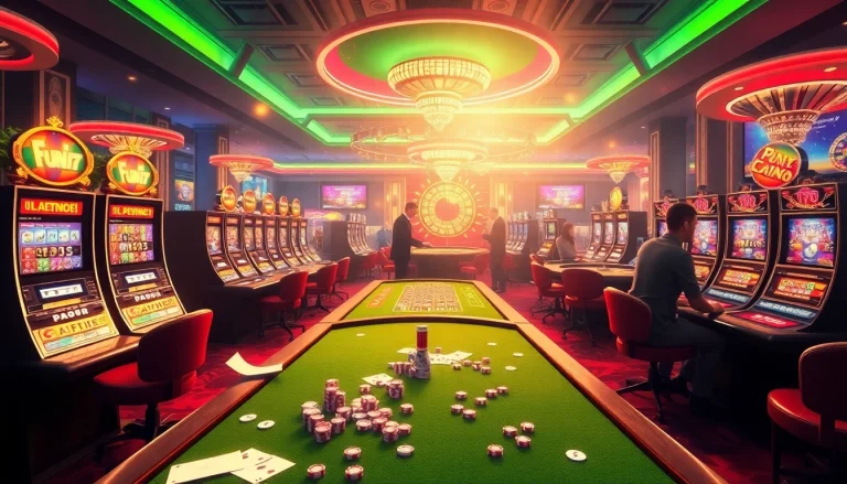 Exciting online casino atmosphere featuring fun79.vip with poker games and vibrant slot machines.