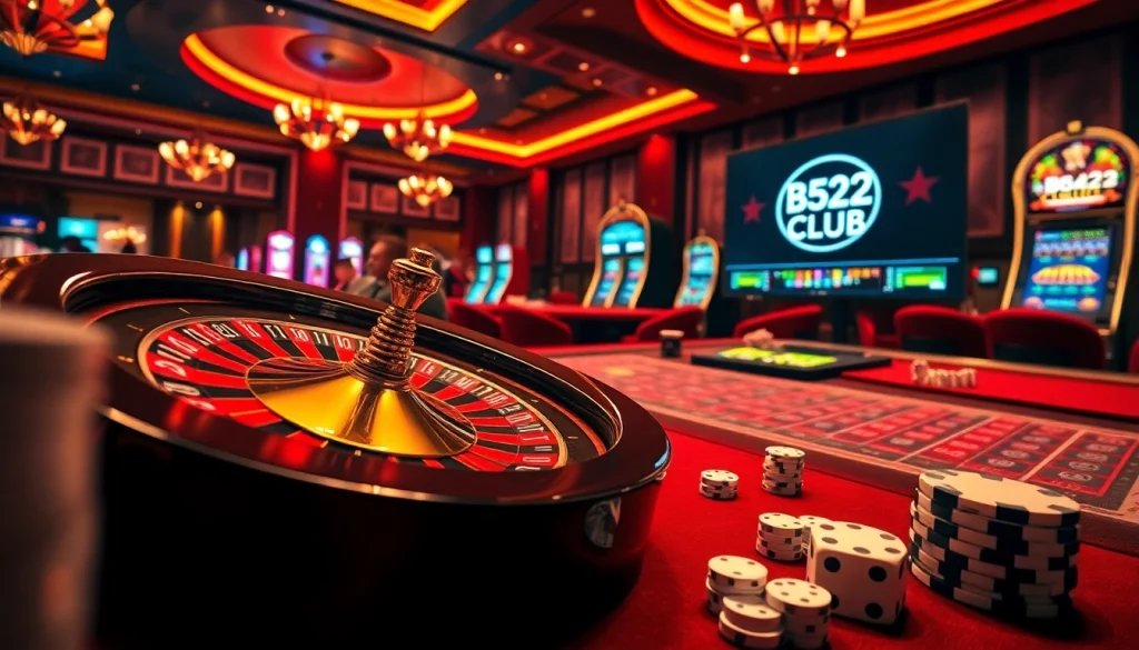 The vibrant atmosphere of B52Club, featuring poker chips, roulette wheel, and online betting interfaces.