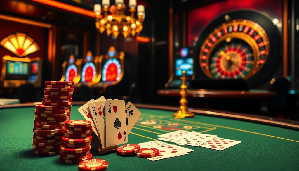 Nohu casino scene showcasing poker chips and cards with an elegant roulette wheel in the background.