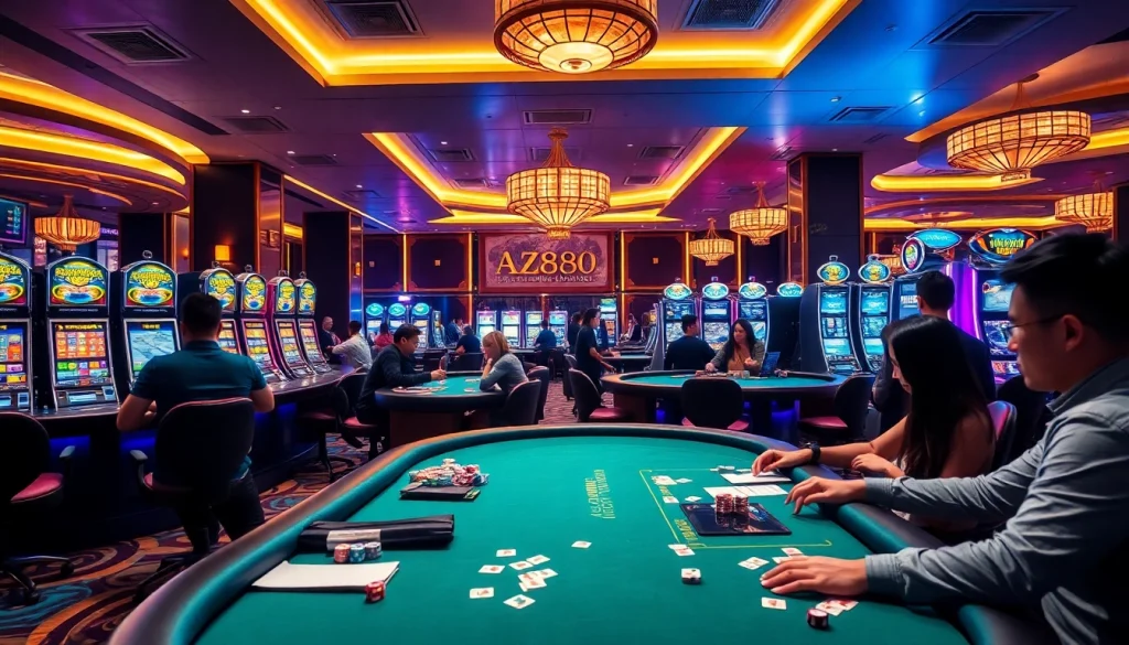 Experience the excitement of AZ88 with vibrant poker and slot gaming scenes.