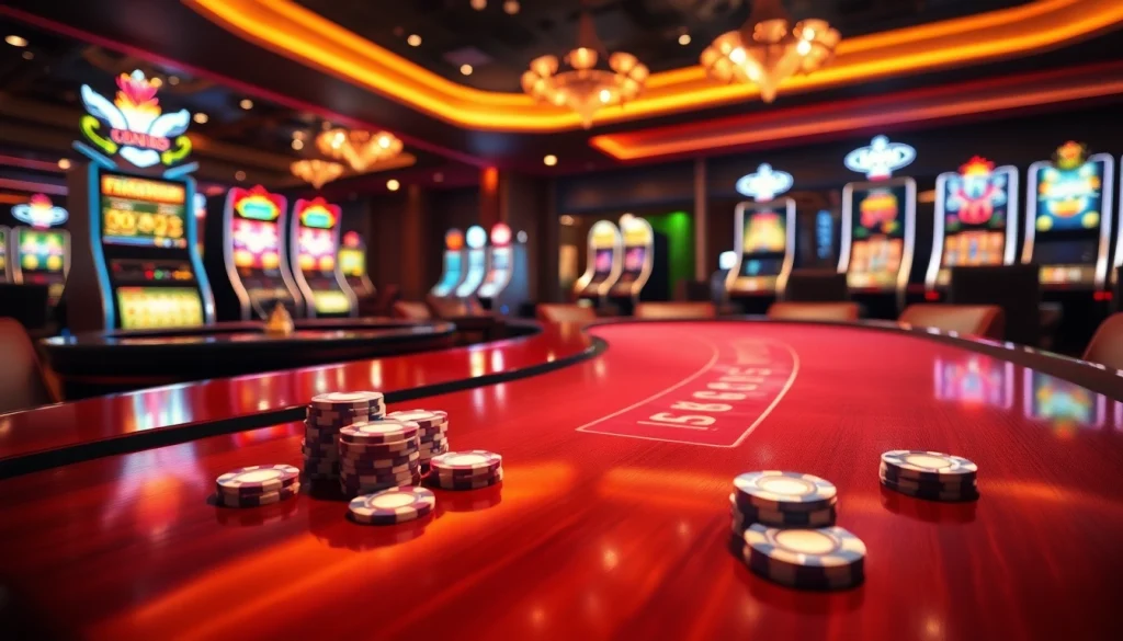 Experience thrilling gambling at https://rr88me.com/ with vibrant poker chips and a glowing roulette table.
