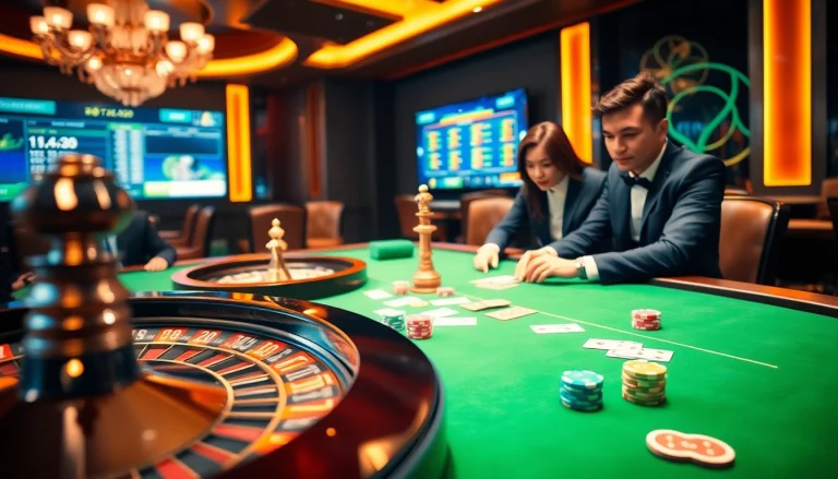 Engage in game bài 68win at a vibrant casino table filled with poker chips and cards.