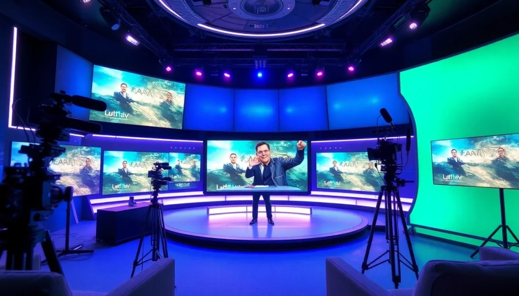 Experience the dynamic energy of Lauthaitv in this modern broadcasting studio, featuring advanced technology and vibrant ambiance.