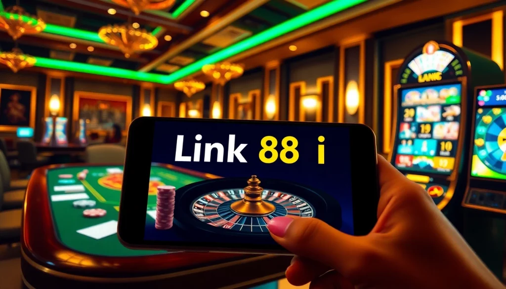 Gamble at link 88i with colorful poker chips and vibrant slot machines in an online casino environment.
