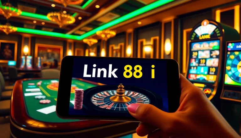 Gamble at link 88i with colorful poker chips and vibrant slot machines in an online casino environment.