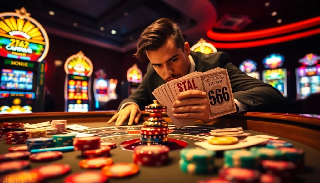 Play casino games at ST666 in a vibrant, luxurious setting with roulette and poker chips.